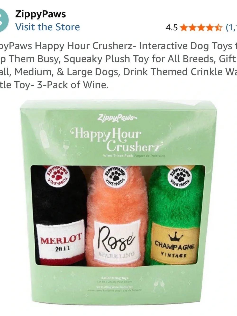 NWT ZippyPaws Happy Hour Crusherz Plush Wine Bottle Dog Toys